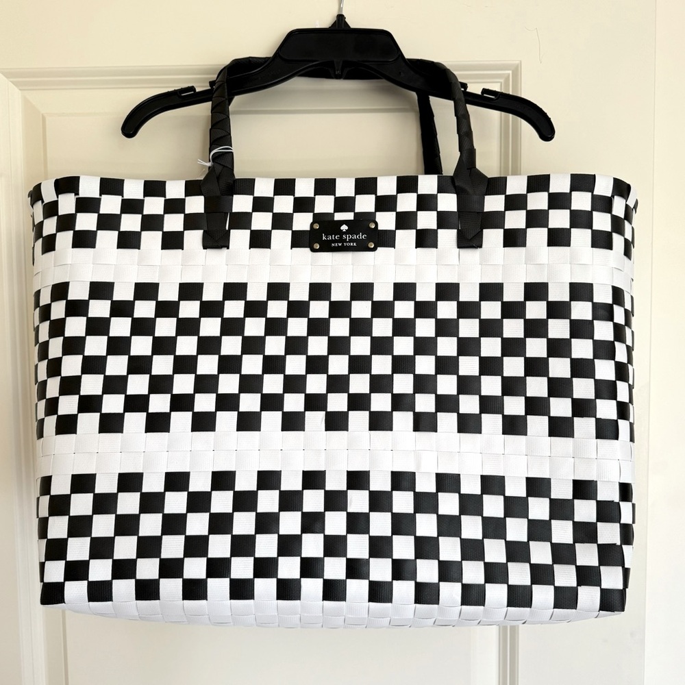 NEW Giant HUGE Woven Tote Kate Spade Black and White Beach Bag Weekender Travel
